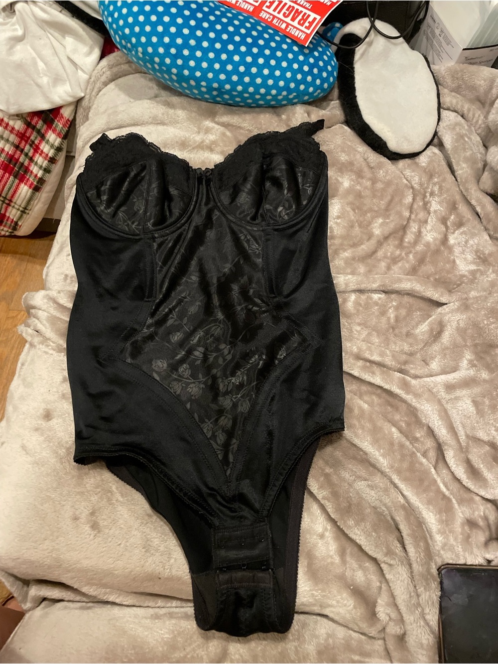 Vintage 90s Lilyette Black Lace-Trim Shapewear Bodysuit